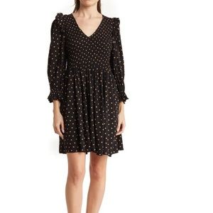 Lucie Oval Dot V-Neck Smoked Black w/ Gold Polka Dots Minidress w/ Pockets